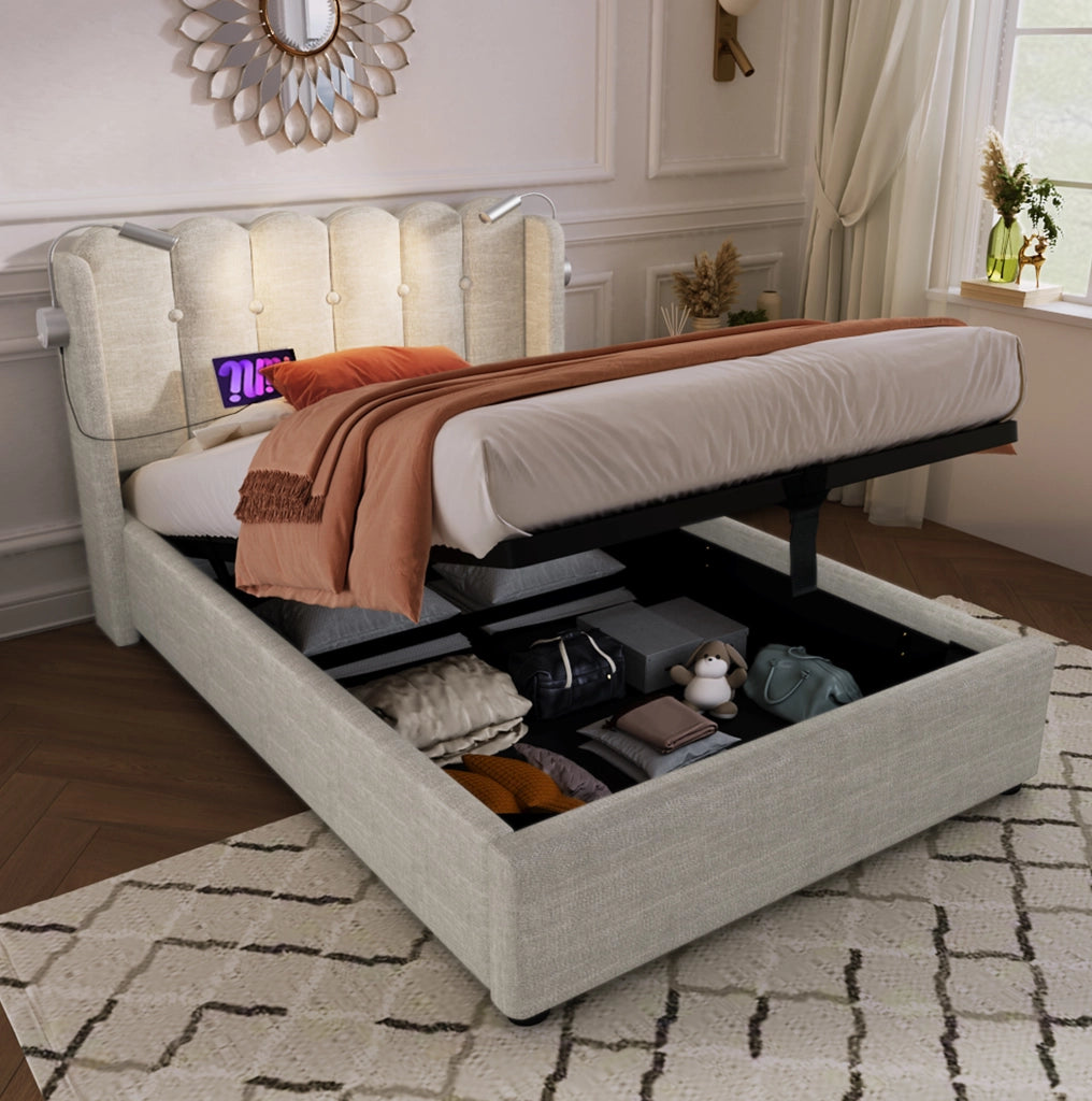 Letto singolo con contenitore; luce da lettura e USB 90x200 cm in lino naturale