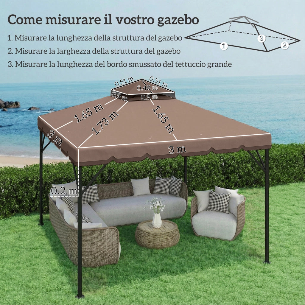 Copertura per Gazebo 3x3 m a 2 Livelli con 8 Fori di Drenaggio, in Poliestere Cachi e Marrone