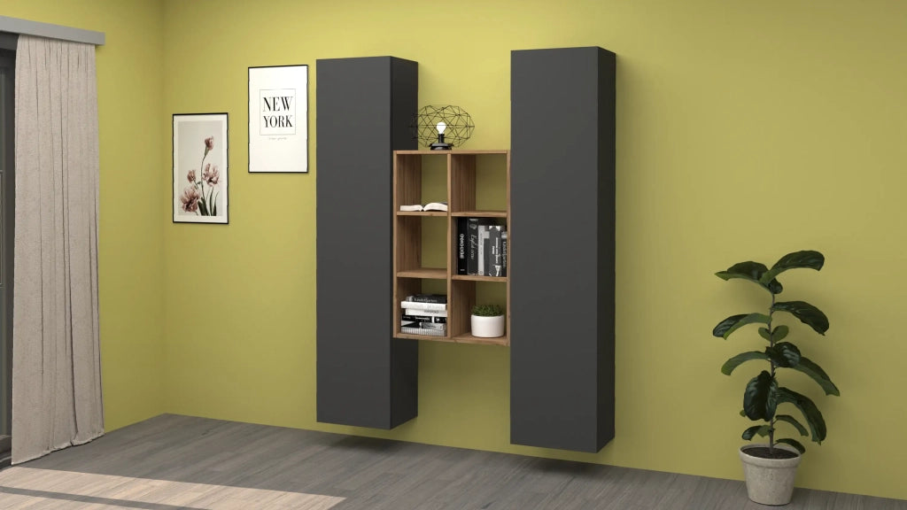 Parete attrezzata moderna antracite libreria in legno 2 armadi soggiorno Gemy RT