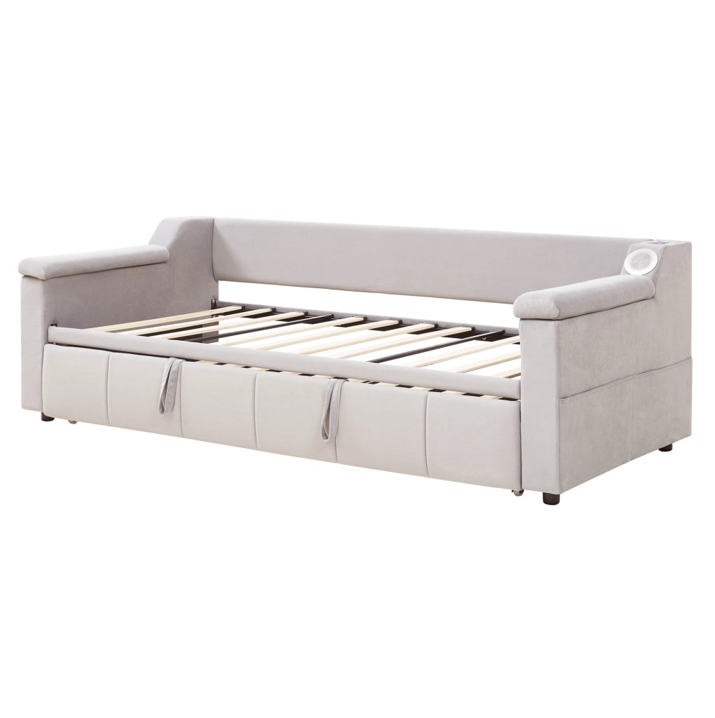 Divano Letto Imbottito 90x190 cm con Bluetooth e USB, Schienale e Braccioli Spessi in Velluto Beige