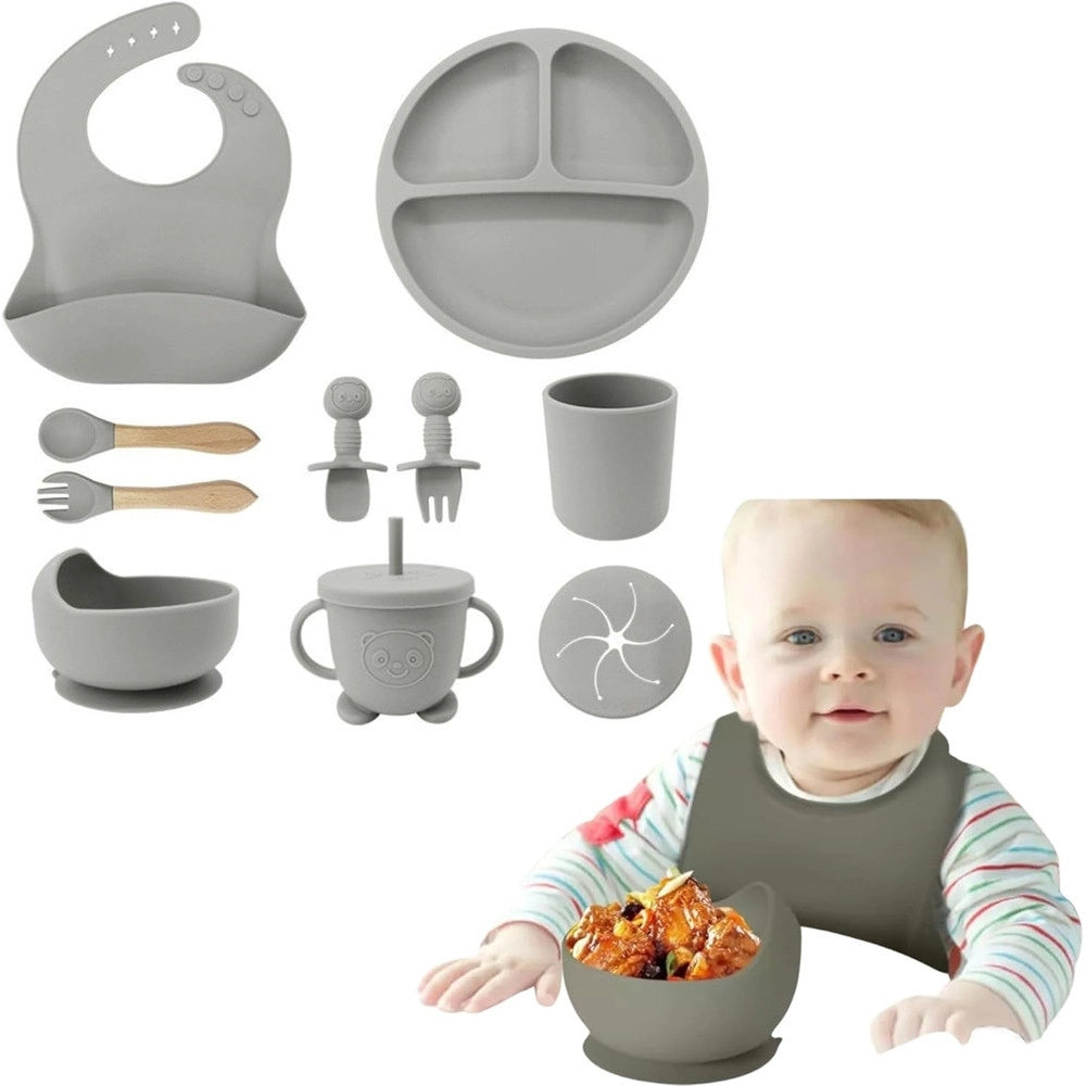 Trade Shop - Set 10pz Pappa Svezzamento Bambini Silicone Piatto Ciotola Cucchiaio Forchetta Bavaglini -