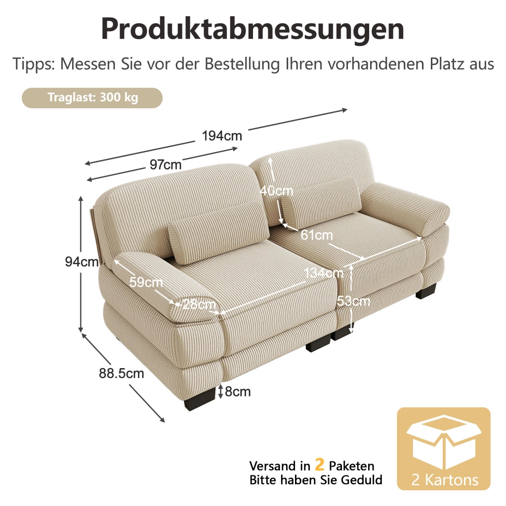 Divano modulare in velluto a coste beige; 194 x 88;5 x 94 cm; con cuscino lombare