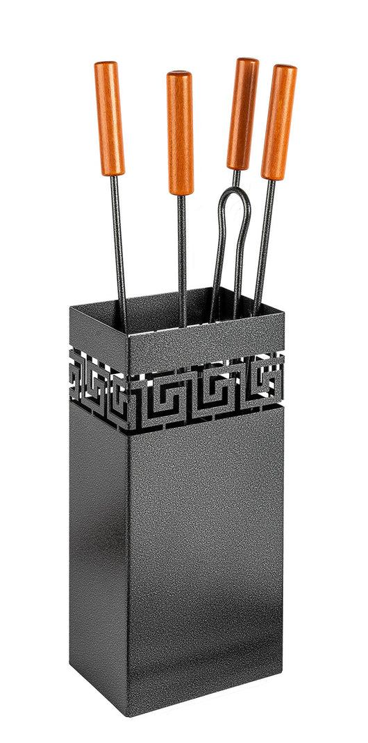 Trespolo per Attrezzi Camino Rettangolare Sagoma Greca con Paletta Scopino Attizzino e Pinza 17,5x12,5x62 cm in Ferro