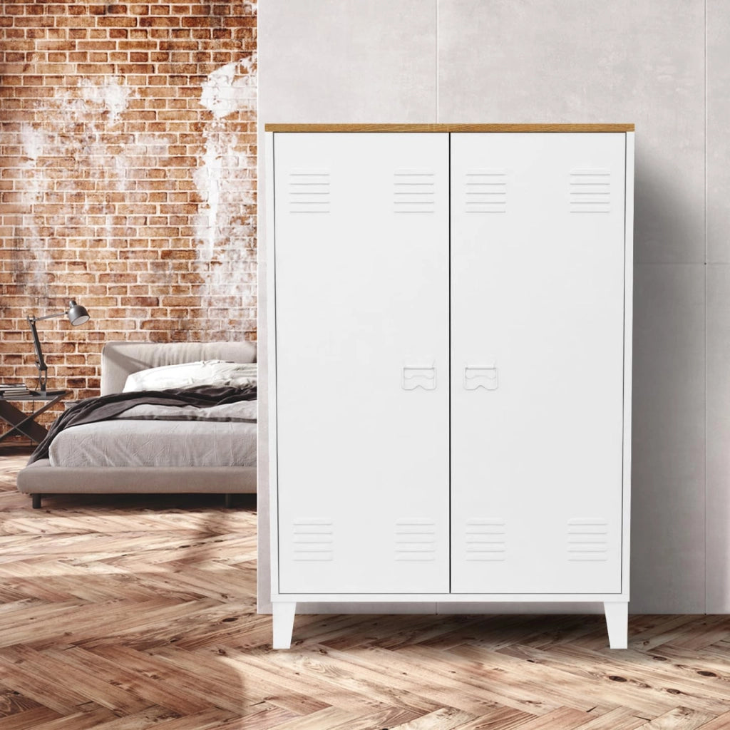 ESTER Armario de 2 puertas de metal blanco con encimera de madera de diseño industrial