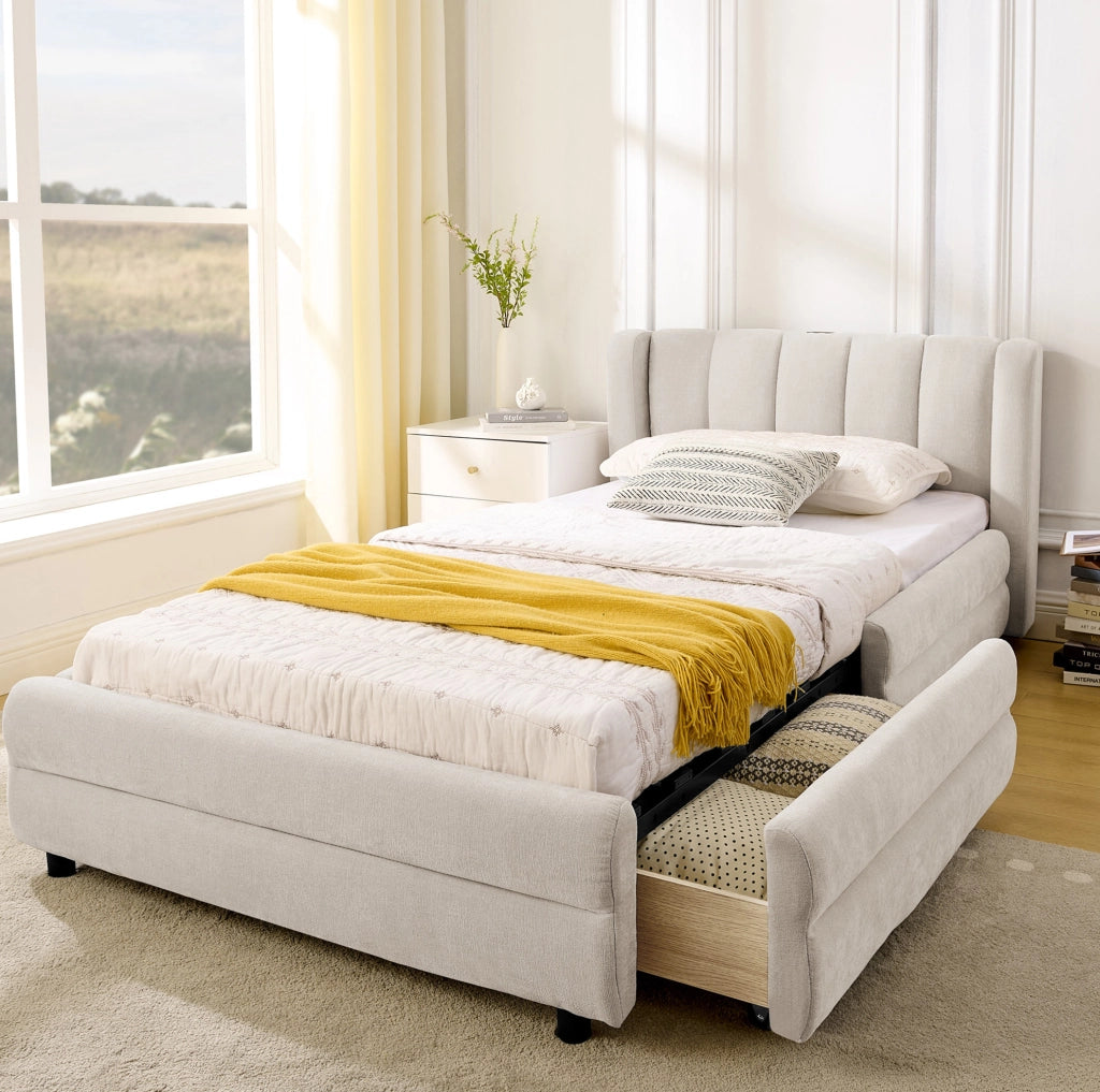 Letto con struttura in chenille beige 90 cm, design minimalista europeo