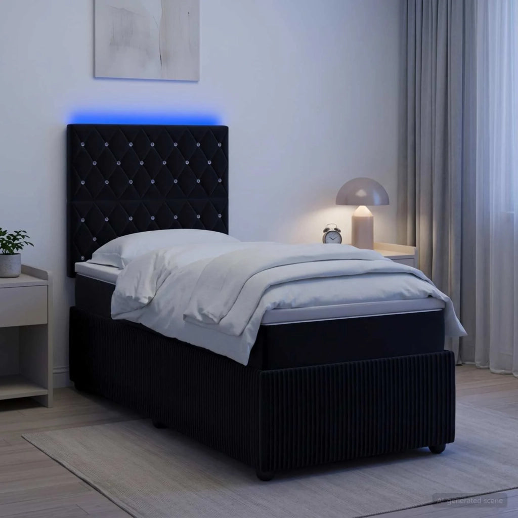 Letto Box Spring LED con Materasso Nero 100 x 200 cm Velluto 3456007