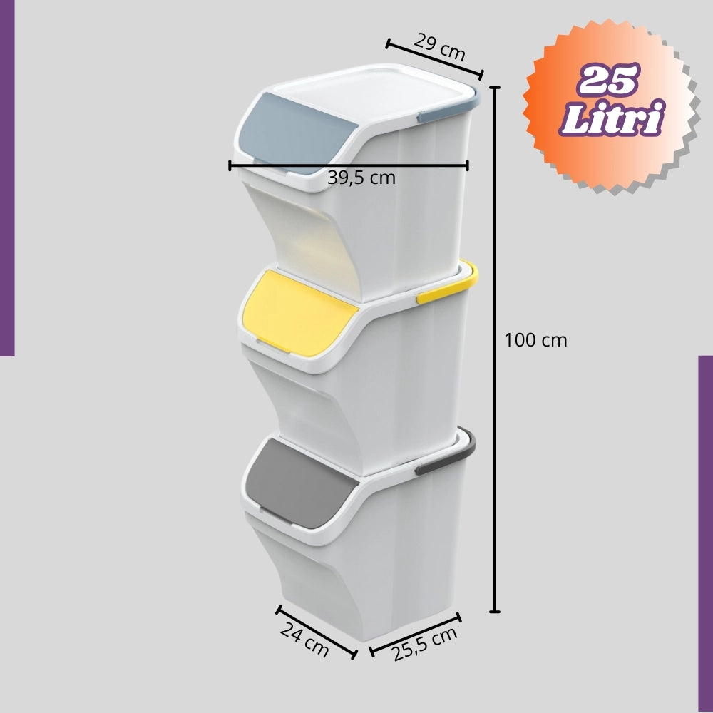 Kit 3 Pezzi Tris Pattumiera Raccolta Differenziata 3x25 Litri con maniglia Corpo BIANCO