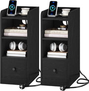 Set di 2 Cassetti Notturni con Stazione di Ricarica, Porta USB e Porta Type C, Tavolo con Angolo Chiuso con 3 Livelli e 1 Carica, Spaziale per Camera da Letto e Salotto