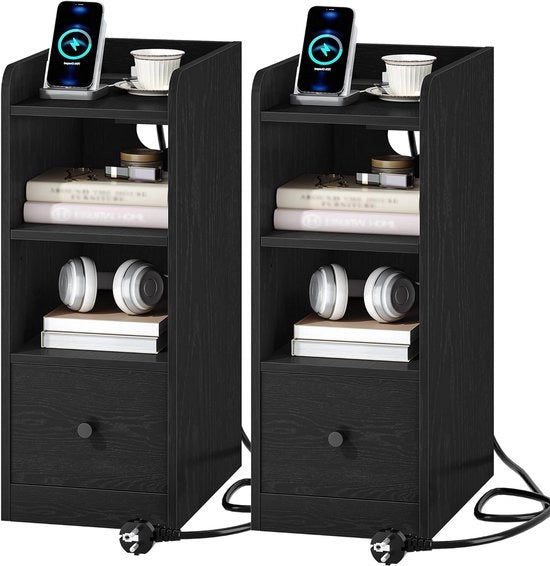 Set di 2 Cassetti Notturni con Stazione di Ricarica, Porta USB e Porta Type C, Tavolo con Angolo Chiuso con 3 Livelli e 1 Carica, Spaziale per Camera da Letto e Salotto
