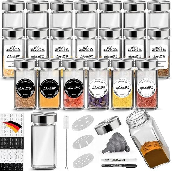 Set di contenitori quadrati per erbe con coperchio in acciaio inossidabile - set da 24 - 120 ml - set di contenitori per erbe in vetro con grattugiante e cucchiaio.