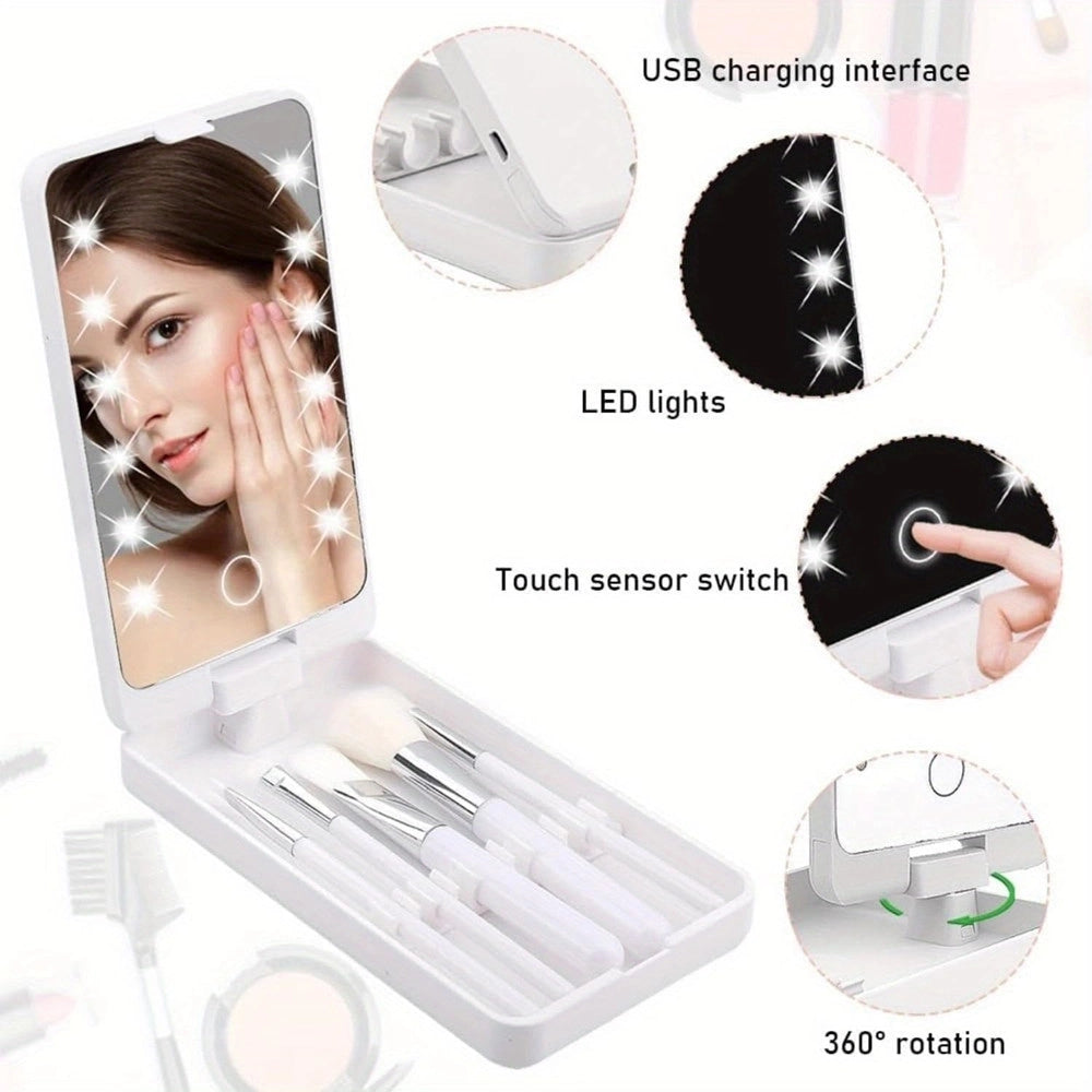 Trade Shop - Specchio Per Trucco Portatile Con Set Pennelli Rotazione 360° Luci Led Ricaricabile Touch -