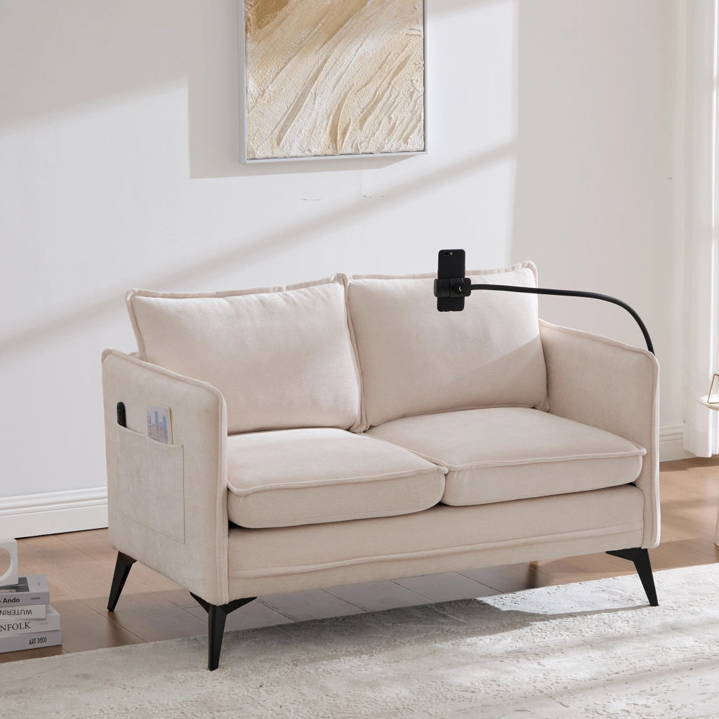 OKWISH Divano Lineare 2 Posti con Supporto Regolabile per Telefono e Tasche Laterali, Ciniglia Beige, 127 × 69 × 66 cm