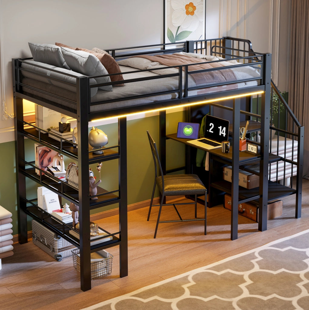 Letto a soppalco 90x200 cm in metallo nero con LED; scrivania; ripiani e armadio integrato