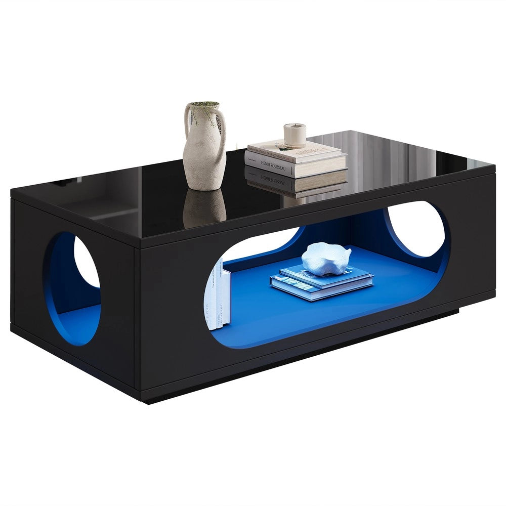 Tavolino da Salotto con LED ¨C Xylo ¨C MDF Nero Lucido, 100x50x35