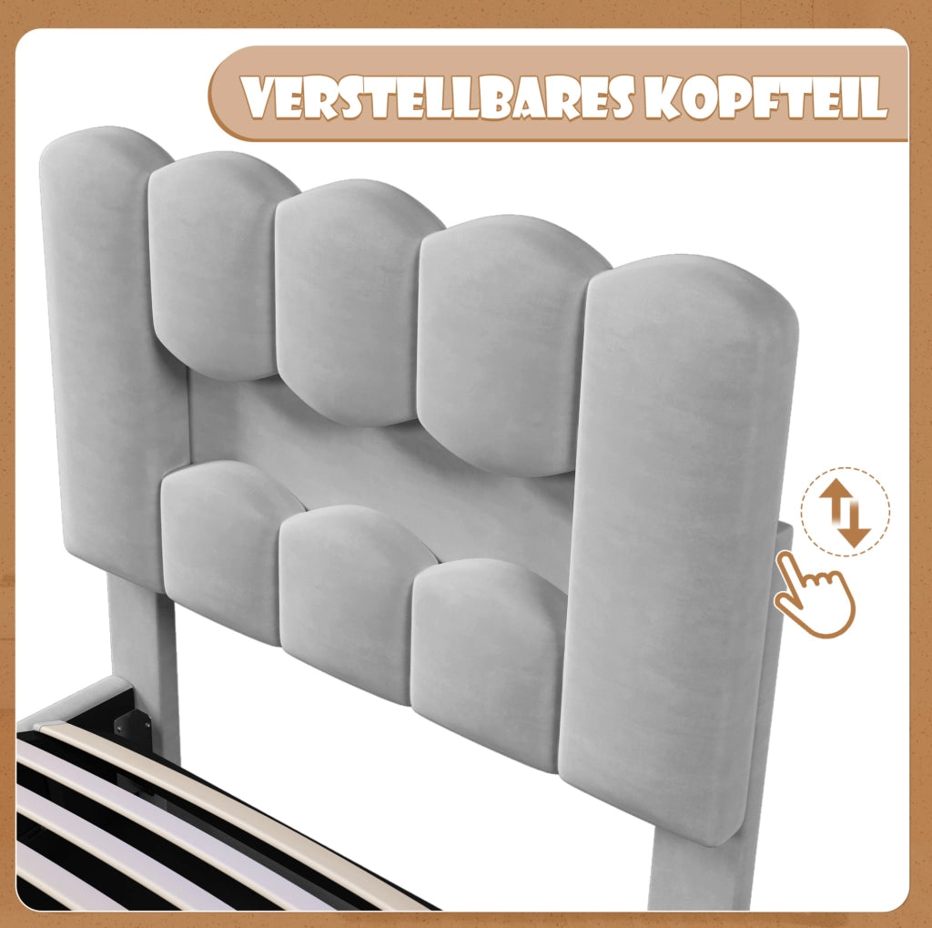Letto imbottito 90 x 200 cm in velluto grigio con contenitore idraulico e luci LED