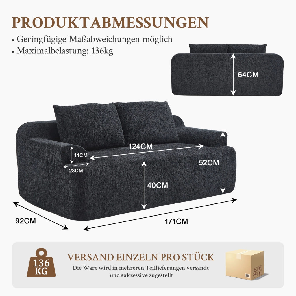 Divano modulare a due posti in tessuto con cuscini extra, comfort alto ed effetto rilassante, nero