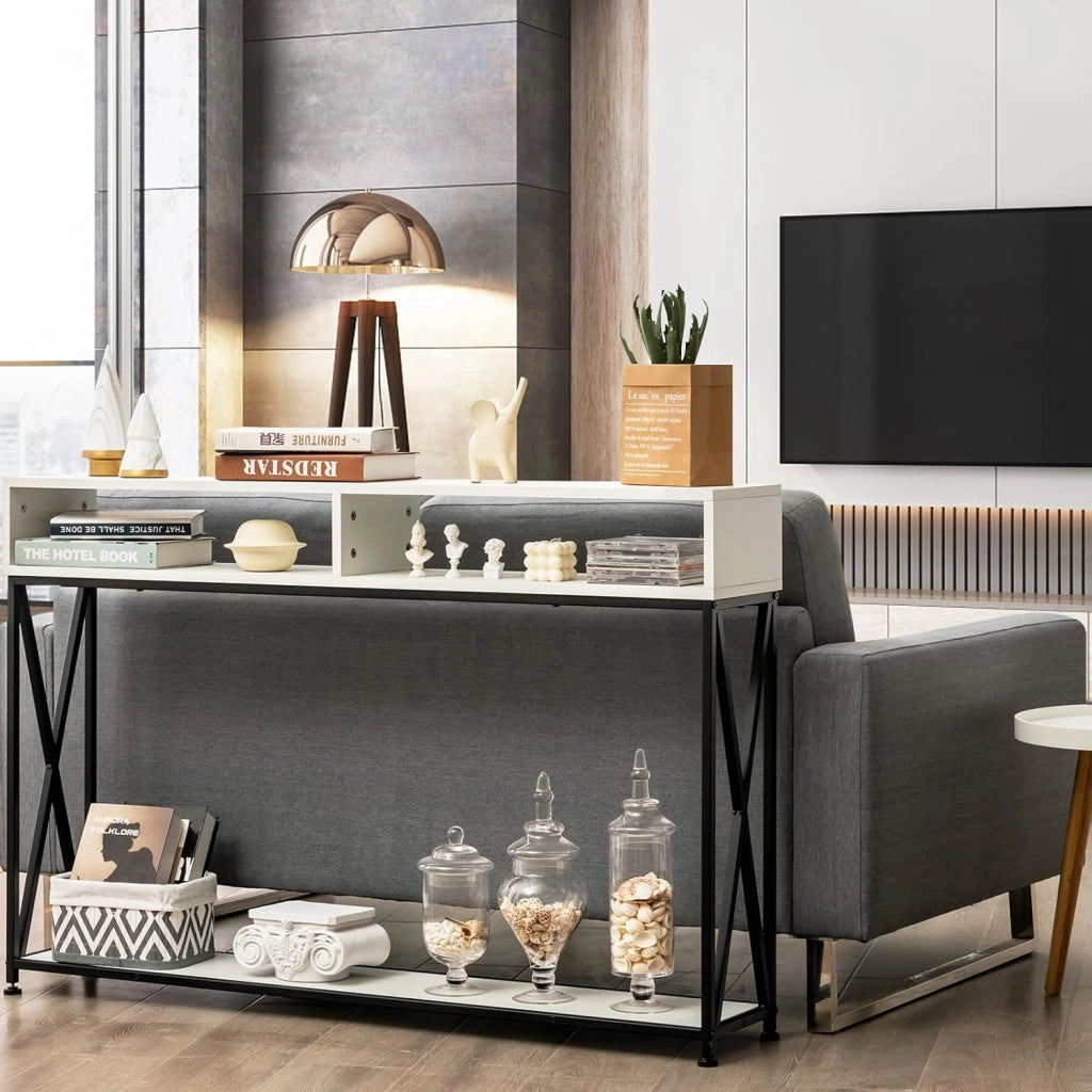 Tavolo Consolle Ingresso, Tavolini Stretto a 3 Ripiani, Salvaspazio e Multiuso, in Ferro, Industriale, Portata di 45 kg, 120x23x79cm, 3 Colori Disponibili, Nero/Bianco/Marrone