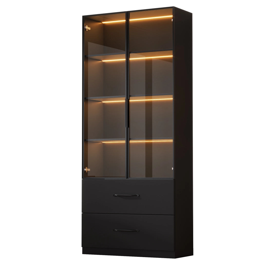 VETRINA LED 60x40x160 cm Nera in Pannello di truciolare e Vetro con 2 Cassetti