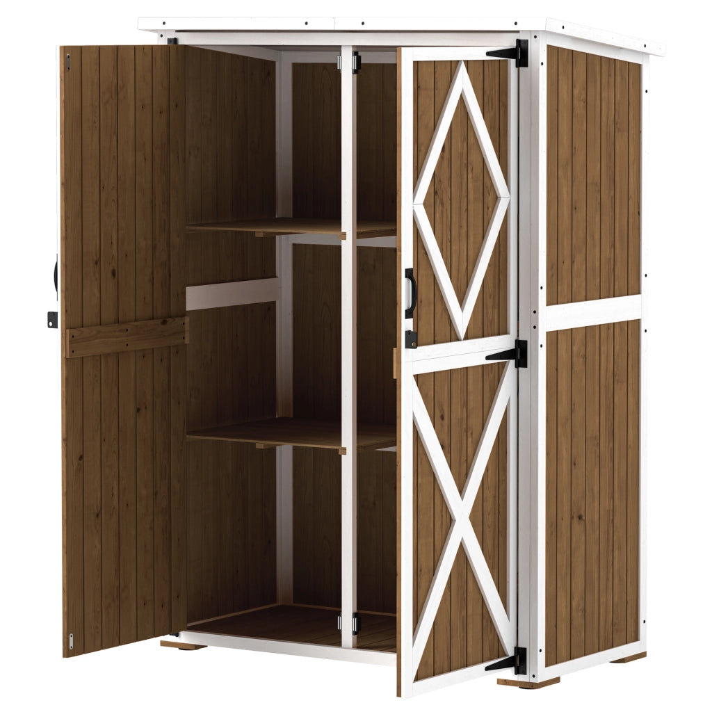 Capanno da Giardino in Legno di Abete con 2 Ripiani e 2 Porte, 116.5x57x159/167 cm, Marrone e Bianco