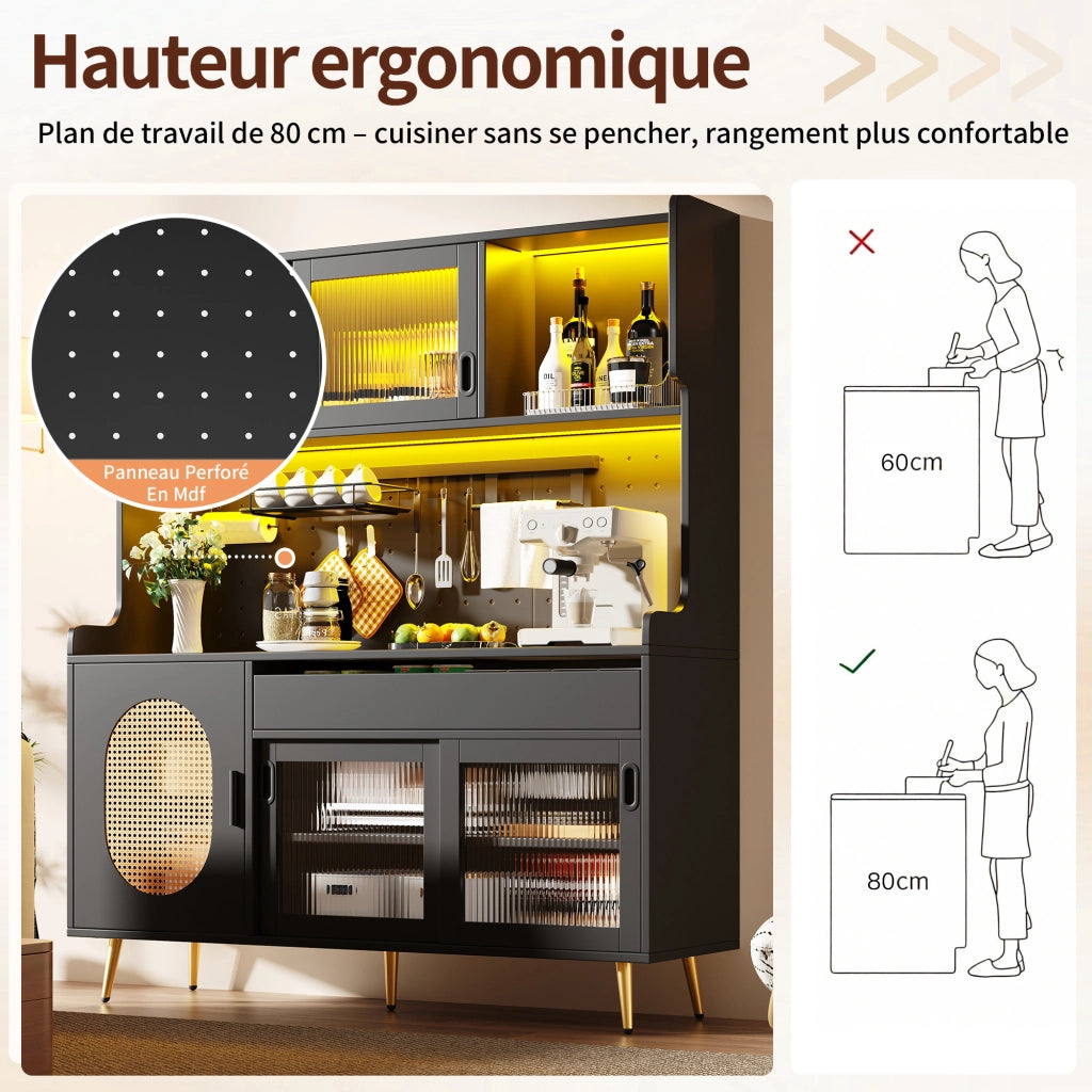 OKWISH Credenza da Cucina Alta 5 Ante, LED e Pannello Forato, Stile Country, MDF, Nero, 145 x 39 x 171 cm