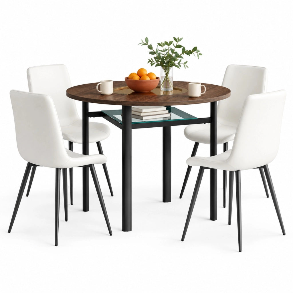 Set tavolo rotondo con sedie, Ø 100 cm, MDF e vetro, marrone, nero e bianco