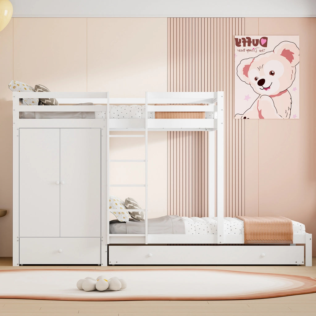 Letto a castello 90x200 estraibile con armadio e cassetti bianco