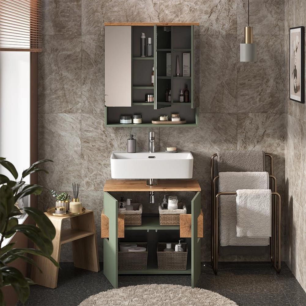 Set mobili bagno Eden, Verde, 73 cm, composto da specchio da bagno e mobile sottolavabo