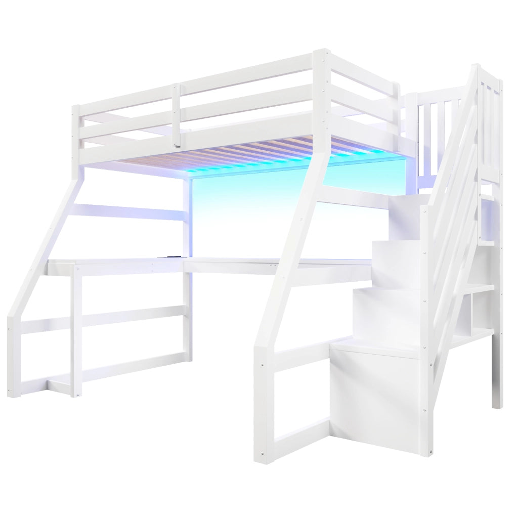 Letto a soppalco 90x200 in legno con scrivania; scala contenitore e LED; bianco