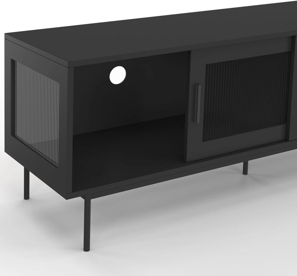 Mobile TV ZINEB 140 cm, 2 ante scorrevoli in vetro, frontale nero scanalato