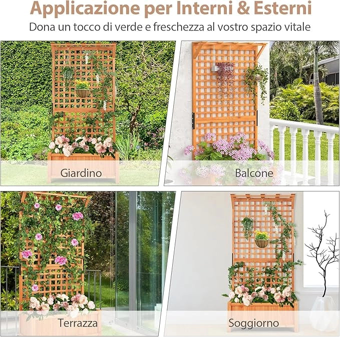 Fioriera da Esterno con Grigliato e Tettuccio, Fioriera in Legno da Interno Esterno con Fori di Scarico, Vaso con Spalliera per Piante Rampicanti Viti Fiori