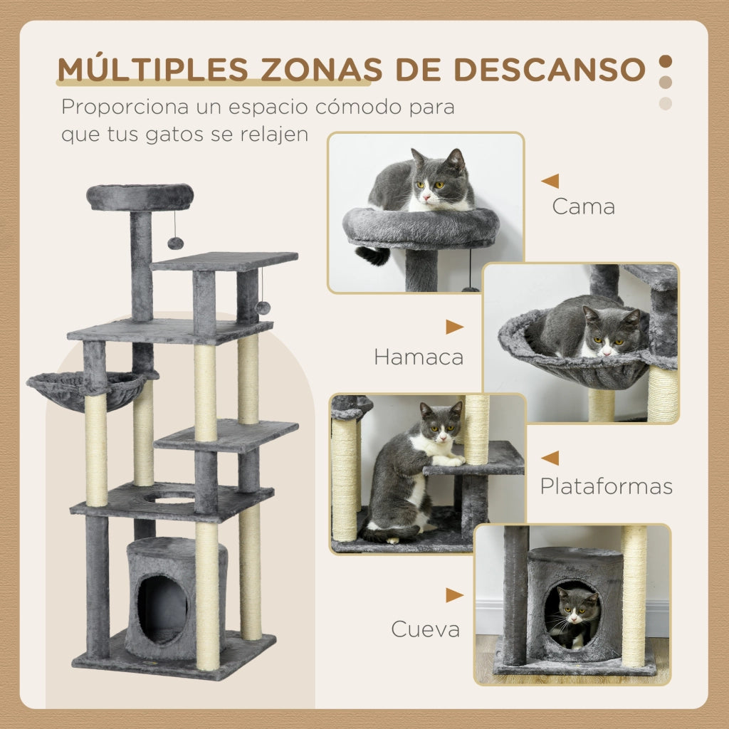 Tiragraffi per Gatti 144 cm ¨C Xylo ¨C Grigio con Cuccia e Piattaforme 49x49x144 cm