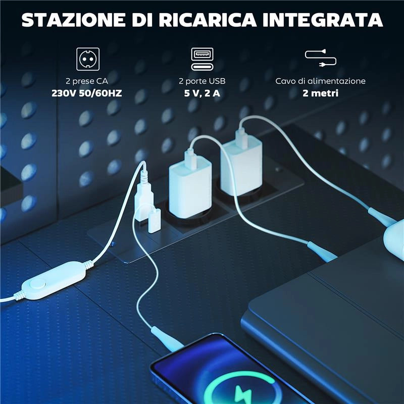 SCRIVANIA GAMING ANGOLARE CON LED, PRESE ELETTRICHE, SUPPORTO PER MONITOR E SCAFFALE, NERO