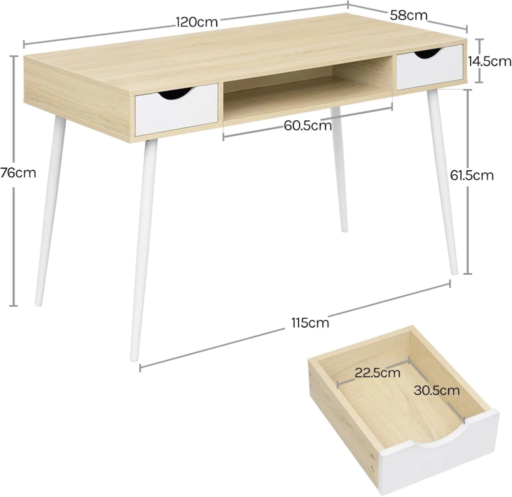 Scrivania Bianca con 2 Cassetti e Ripiano - 120x58x75cm Tavolo Quercia PC per Soggiorno - Telaio Metallo