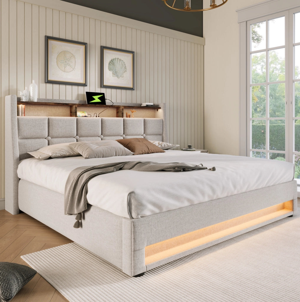 Letto imbottito beige 140x200 cm con materasso, LED, USB e vano contenitore