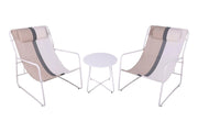 SET DI DUE POLTRONE 65X83X86 CM BEIGE BICOLOR CON STRUTTURA IN METALLO + TAVOLINO BIANCO IN METALLO 40X50 CM DA ESTERNO