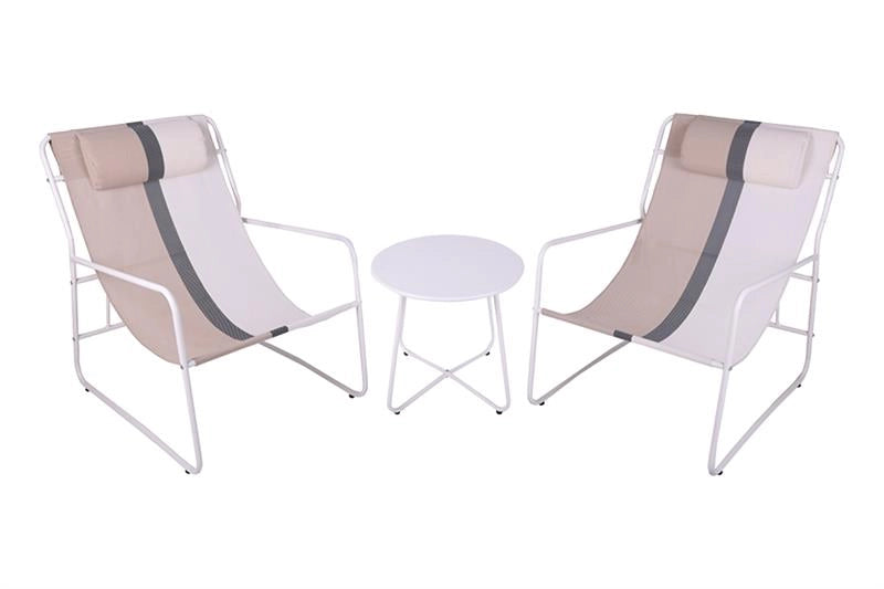 SET DI DUE POLTRONE 65X83X86 CM BEIGE BICOLOR CON STRUTTURA IN METALLO + TAVOLINO BIANCO IN METALLO 40X50 CM DA ESTERNO