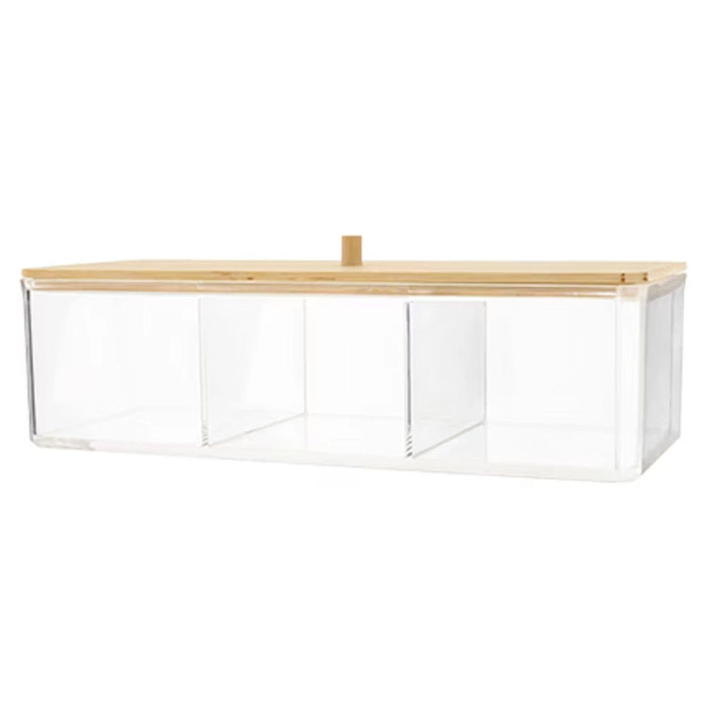 Trade Shop - Contenitore Organizer Per Cosmetici A 3 Scomparti Trasparente Con Coperchio In Legno 10827 -