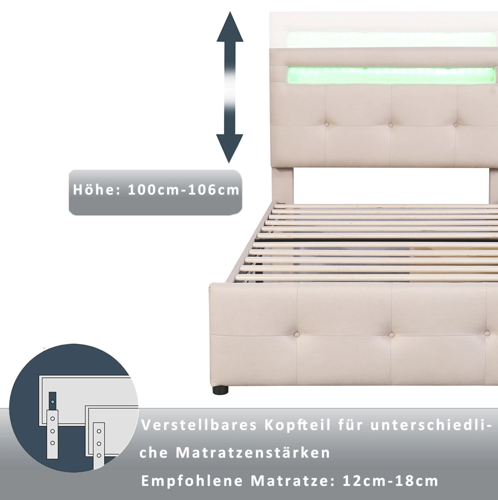 Letto imbottito matrimoniale 90x200 cm con LED e 2 cassetti; beige