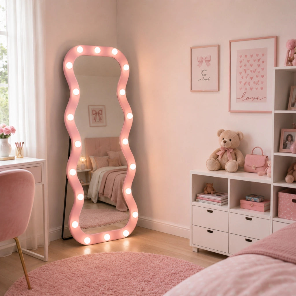 Specchio Grande Ondulato 60x160 cm con 20 Led, Cornice in Velluto Rosa Moderno Accensione Touch
