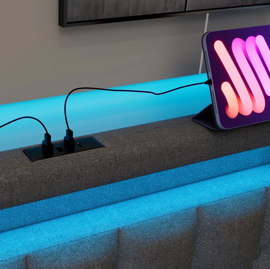 Letto singolo imbottito ULEVR 90x200 cm con LED, 3 USB e Type-C, 2 cassetti, lino grigio