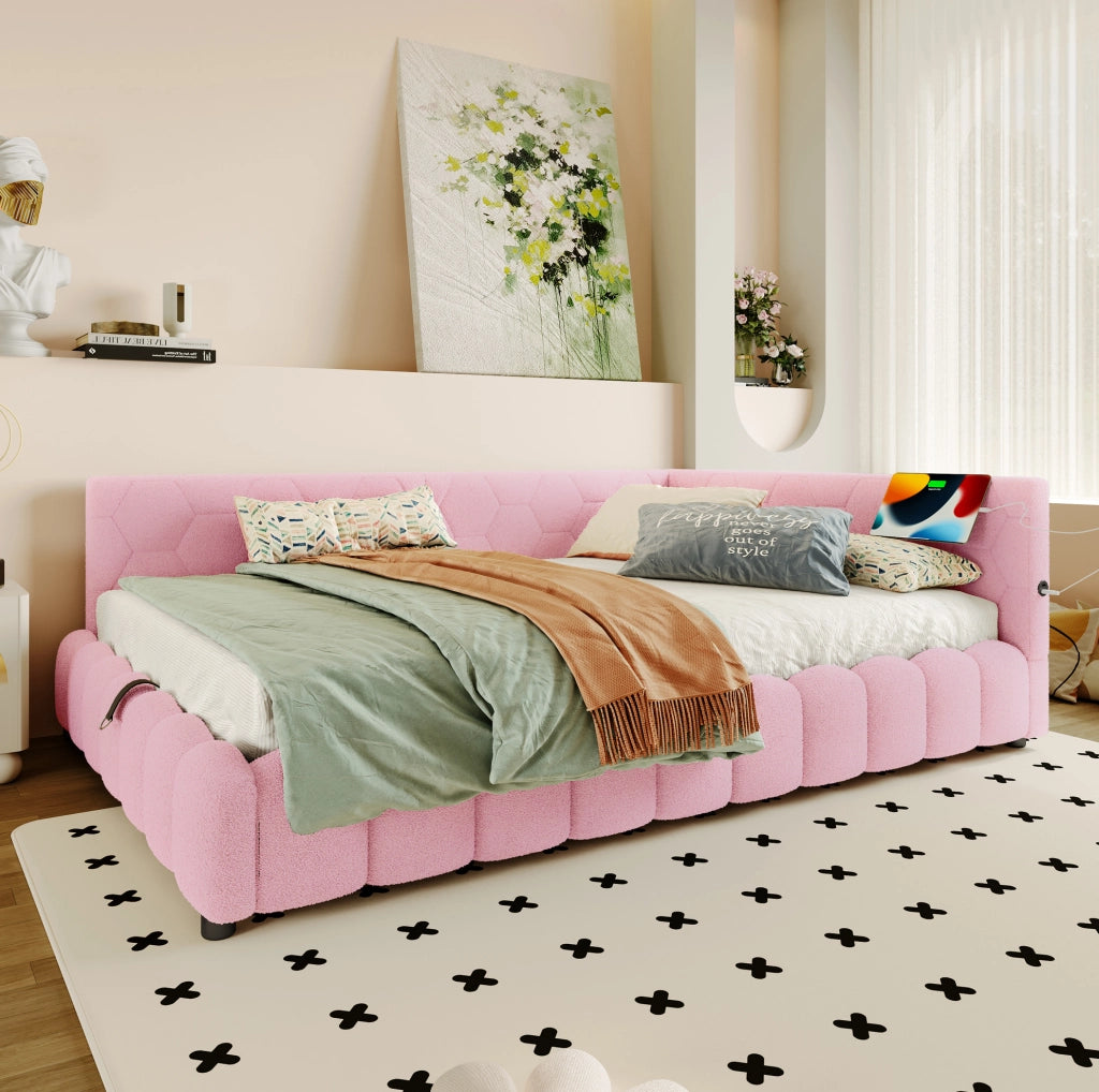 LETTO Daybed 140x200 cm Rosa con LED, USB, Tipo-C e vano contenitore