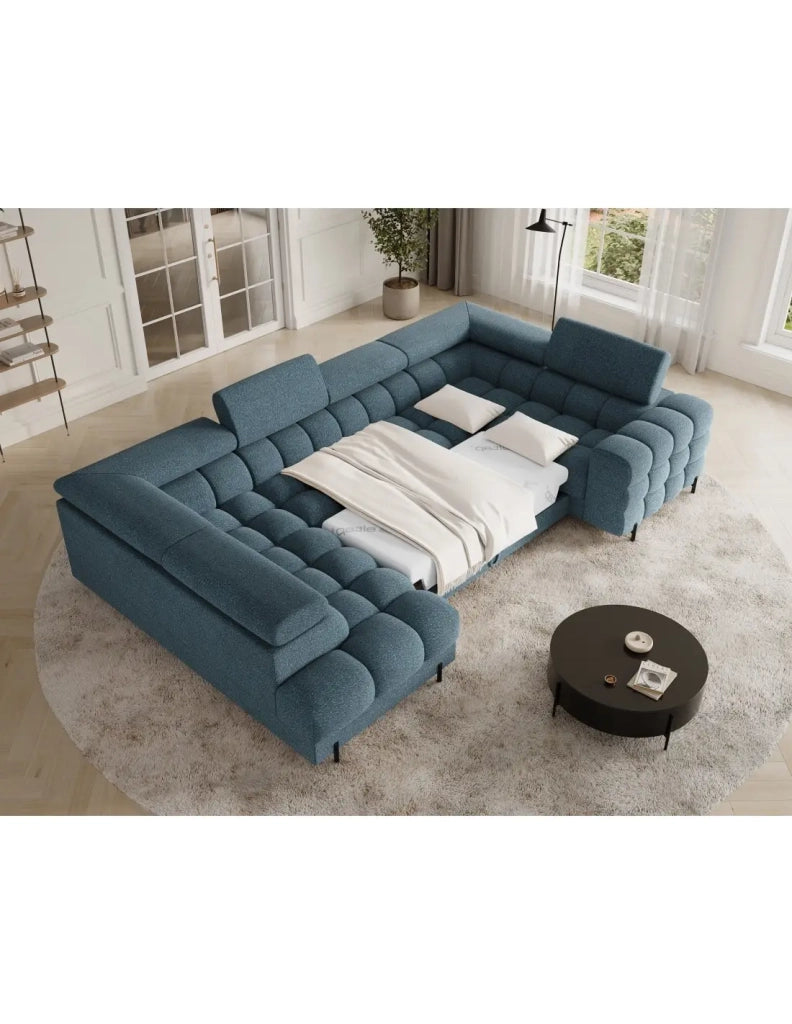 Divano panoramico convertibile FACTORY 3 posti blu melange – angolo sinistro con contenitore