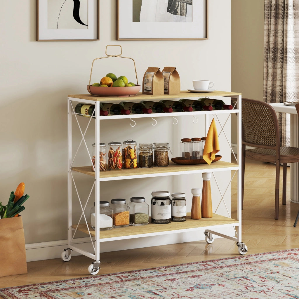 Carrello Portavivande a 4 Livelli con Portabottiglie ¨C zephmum ¨C Legno e Metallo, 96.5x38x96.7 cm