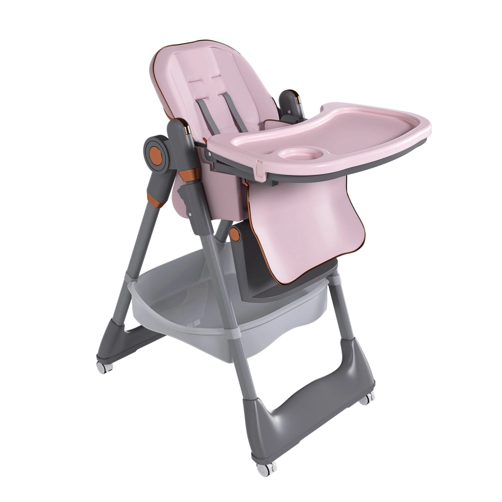Seggiolone pappa pieghevole regolabile con vassoio e ruote bloccabili per bambini polipropilene e acciaio rosa 53×31×52 cm