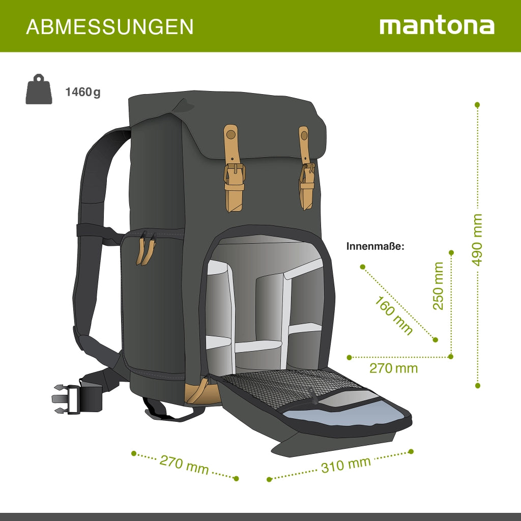 Mantona Luis Retro Zaino fotografico (con applicazioni in vera pelle, copertura antipioggia,per laptop, adatto per 1 fotocamera DSLR, 3 obiettivi e vari accessori fotografici) nero