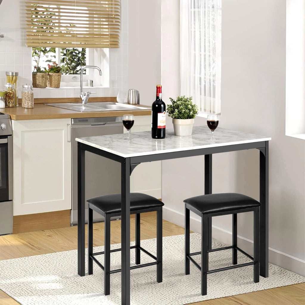 Tavolo Cucina con 2 Sgabelli, Tavolo Alto con 2 Sgabelli Senza Schienale in Similpelle da Cucina, Sala da Pranzo e Soggiorno, Tavolo Bar con Sgabelli Moderno per Spazi Piccoli (Nero)