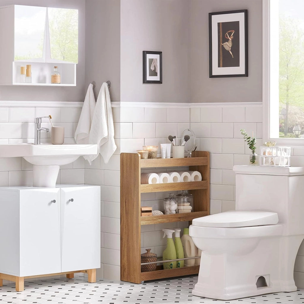 Carrello Slim per Cucina e Bagno con 4 Ruote Scaffale Salvaspazio a 4 Ripiani con Aste Antiscivolo Unità di Stoccaggio per Cucina, Bagno, Forniture per Bellezza o Artigianato 60x18x82cm NSR01-PF