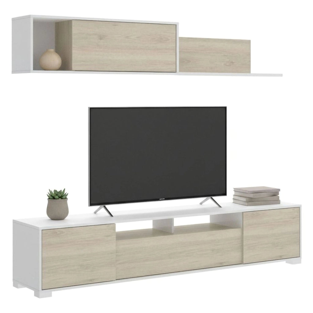 Parete attrezzata Abbete, Set da soggiorno porta TV, Mobile salotto multiuso, 200x41h180 cm, Rovere e Bianco