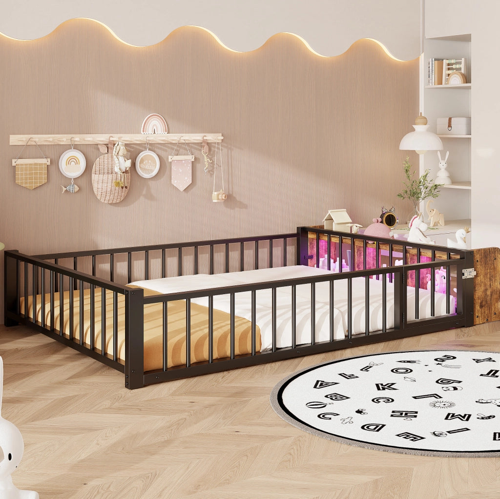 Letto in metallo 140x200 cm con contenitore aperto e luci LED