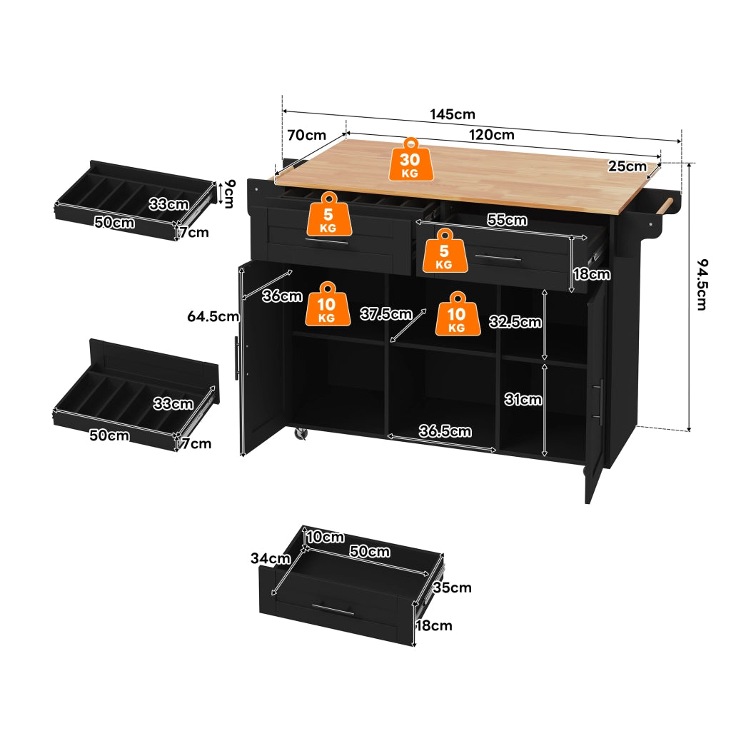 Isola Cucina Multifunzionale con Piano Pieghevole ¨C MINIMAL ¨C 145x45x94,5 cm, Ripiani, Rotelle